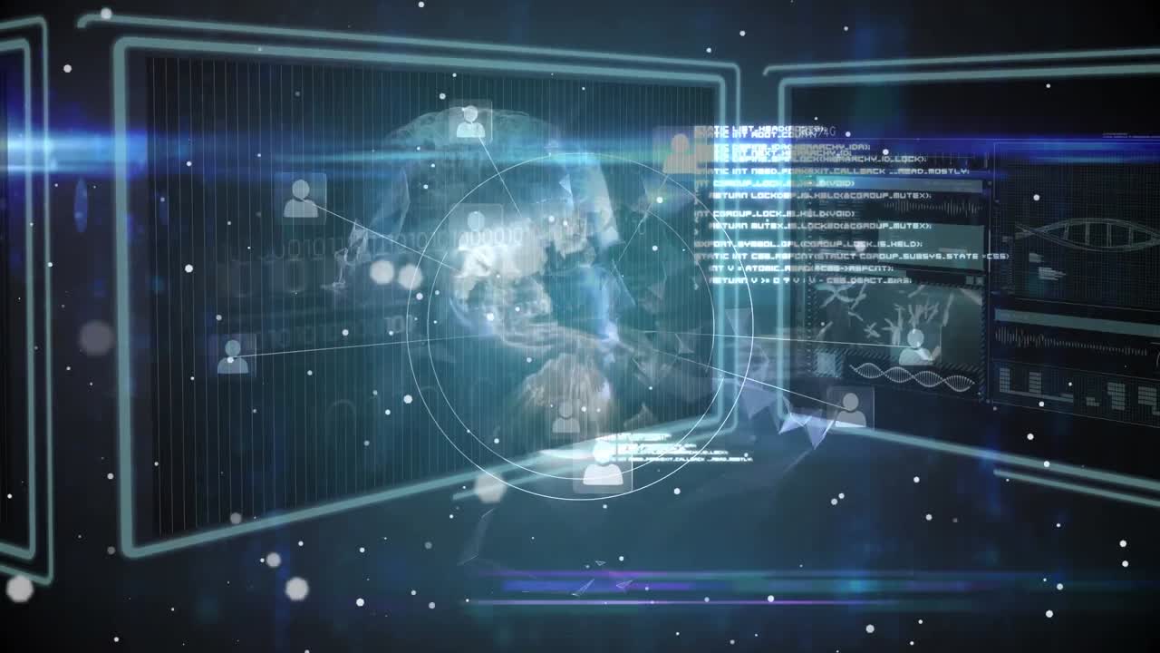 화면에서 데이터 처리를 통해 지구와 연결 네트워크의 애니메이션