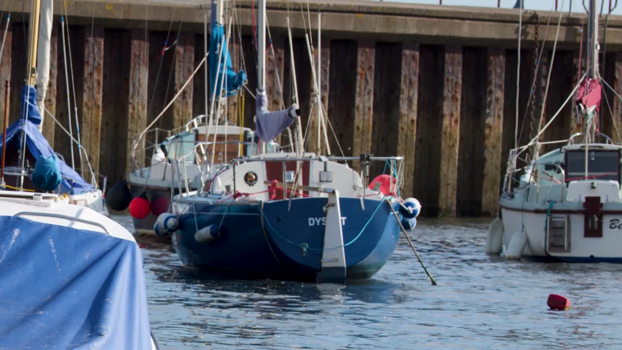 Motorboats sway on calm water in a harbor, daylight, slight camera movement, tranquil maritime atmosphere