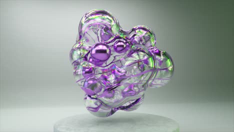 Translucent-purple-bubbles-in-3D-animation,-levitating-over-a-stone-plinth-with-a-soft-focus-grey-backdrop.