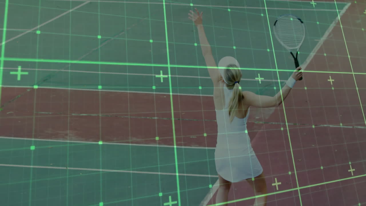 female tennis player serving on hard court, showing digital grid overlay for sports analytics