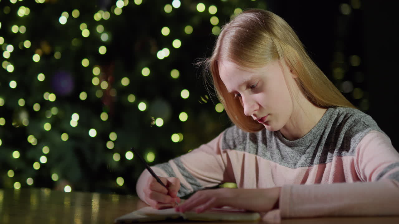 A teenage girl writes in a diary, in the background blurry lights of the Christmas tree