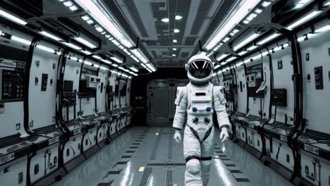astronauts walking through a futuristic space station corridor