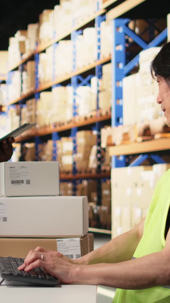 Vertical Video Team of workers fulfilling warehouse supply and demand operations