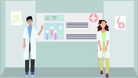 2d animation illustration of male and female doctors telling important information