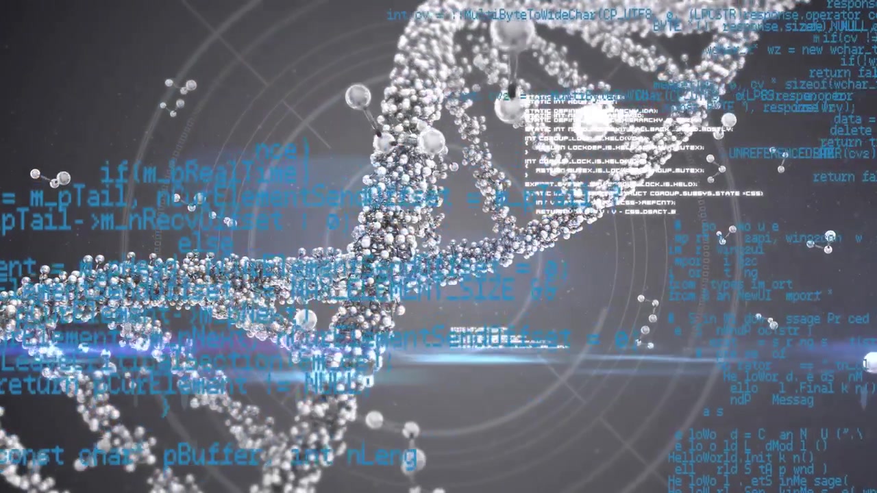 Animation of scientist data processing and dna strand over grey background