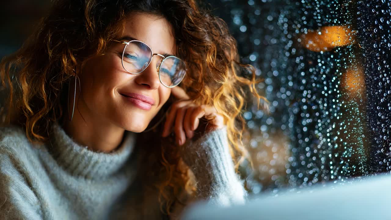 Thoughtful woman with curly hair and glasses gazes out at rain-drenched window, reflecting calm and contemplation as droplets cascade, creating a serene and cozy atmosphere