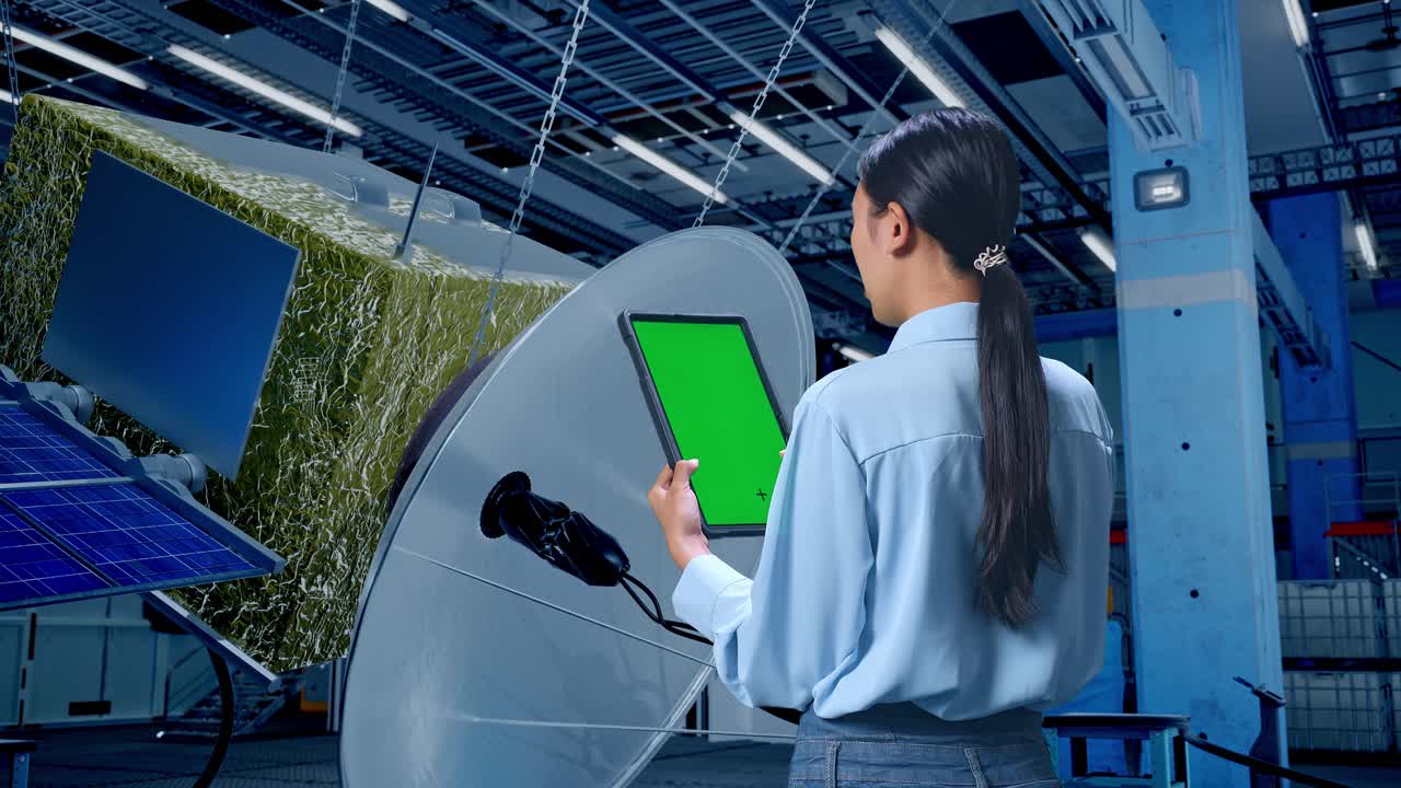 ingeniera revisando el sistema de satélites en una instalación de fabricación