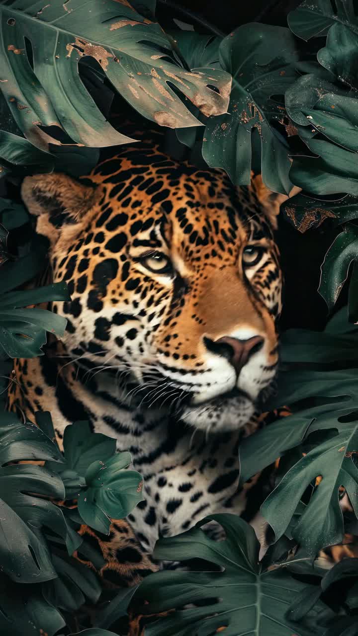 Close-up video concept of a leopard surrounded by lush green leaves, captured from a frontal angle