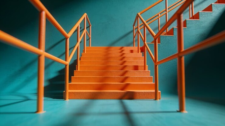 Camera moving forward, orange staircase filling frame, grid shadows shifting, showcasing design