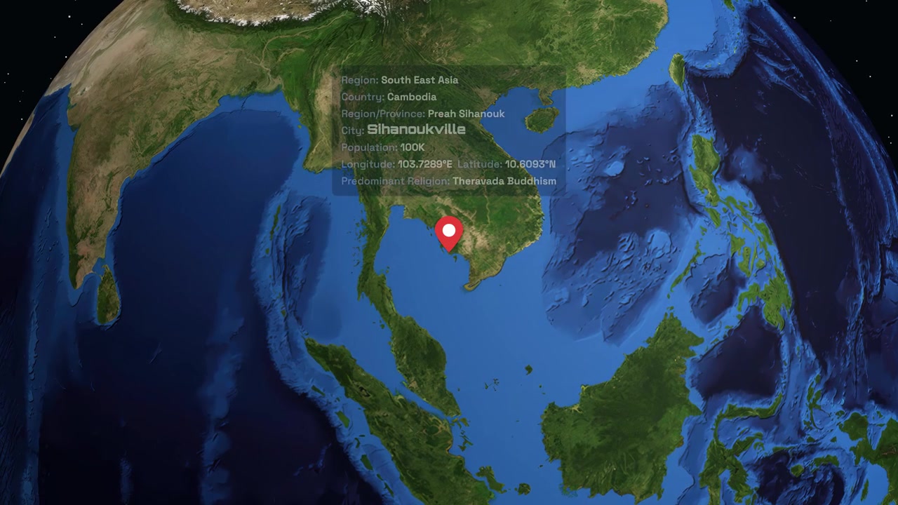Digital globe rotates and zooms from space into Cambodia, revealing specific city information and coordinates