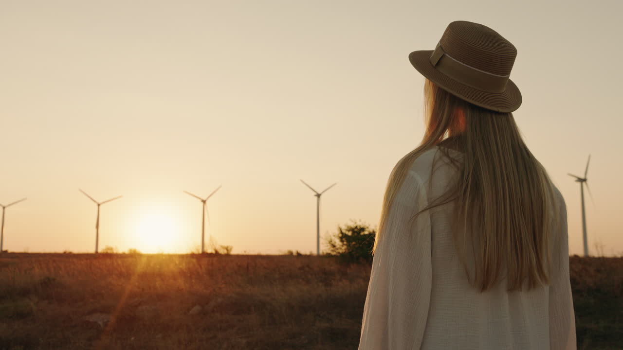 Woman watching the sunset at a wind turbine field