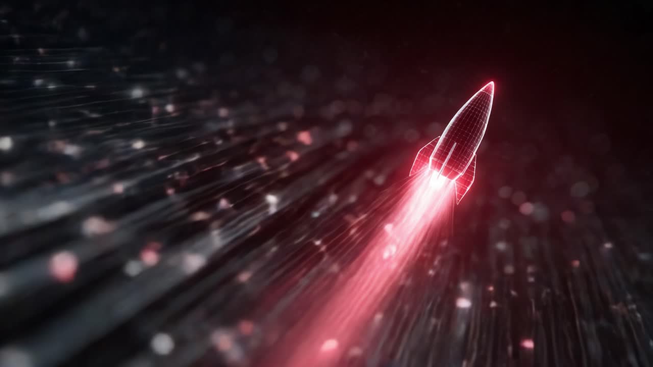 Futuristic red wireframe rocket racing through dark abstract cyberspace with glowing particles and light trails, symbolizing startup launch, digital innovation and rapid growth
