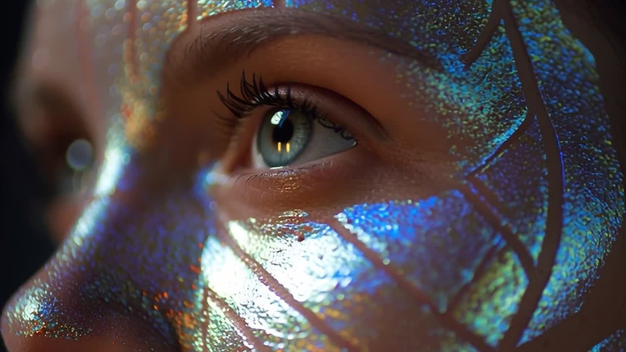 Close-up of a person's face with shimmering paint reflecting light