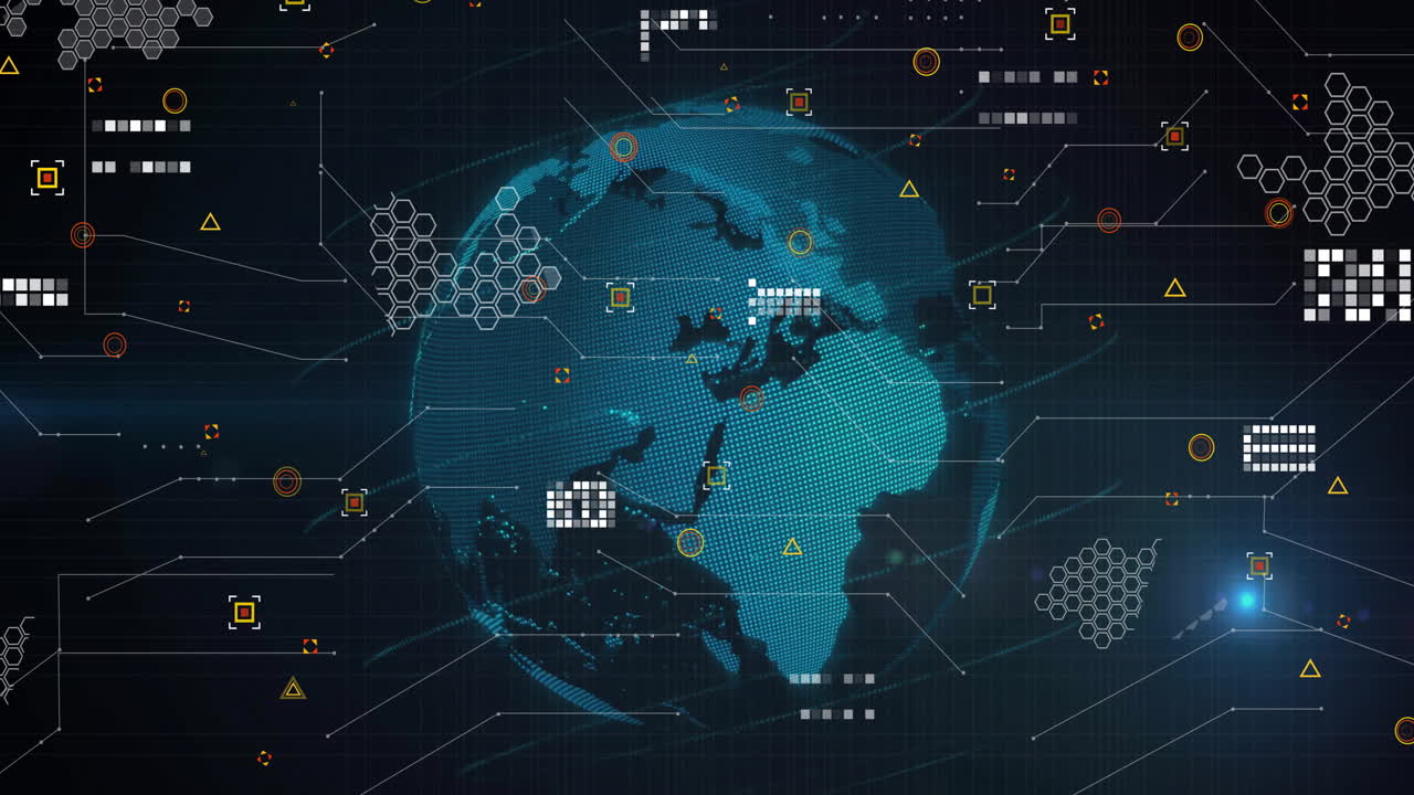 animación del procesamiento de datos digitales en el mundo sobre un fondo oscuro