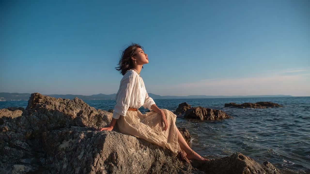 Woman enjoying the sunset by the ocean on rocky shore