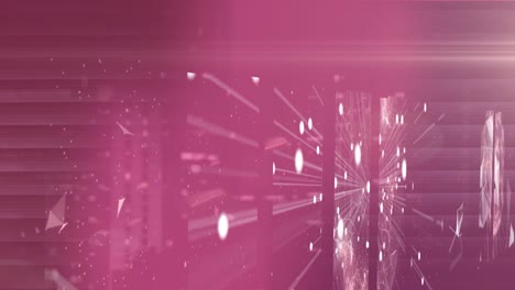 animation of scopes scanning and globes spinning with networks of connections on pink background