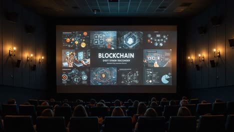 A Captivating Exploration of Blockchain Technology Unfolding on the Big Screen, Engaging an Enthusiastic Audience in a Modern Cinema Setting