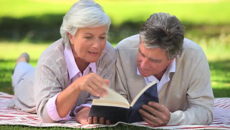 una pareja madura leyendo un libro.