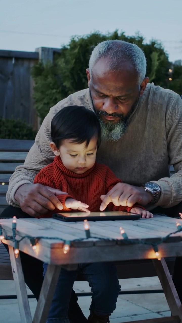 Vertical video: Placing tablet, senior in tan sweater teaching red-sweater child on patio pointing