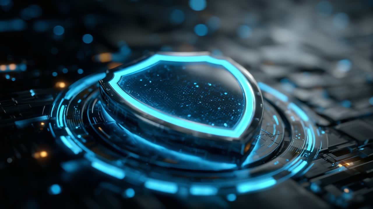 A Futuristic Digital Shield Set Against a High-Tech Background, Reflecting Light and Sparkling Elements in Vibrant Blue Tones