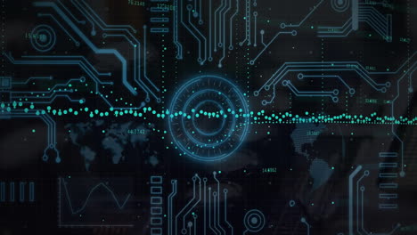 Animation-of-digital-data-processing-over-computer-circuit-board