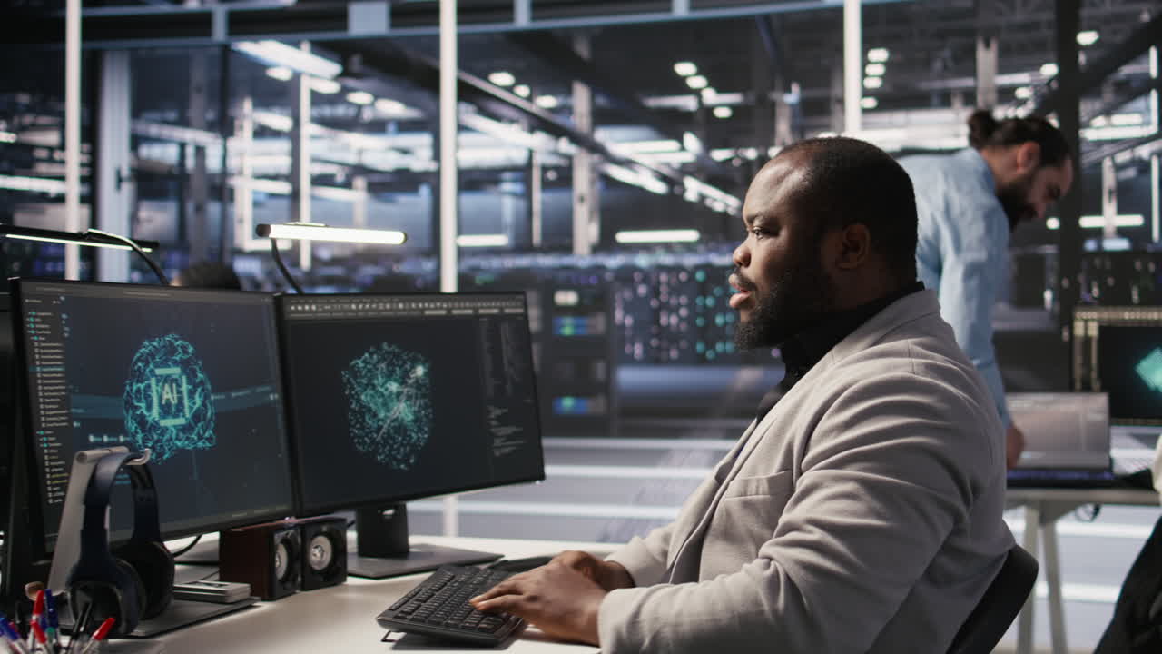 Vertical video Satisfied data center employee finishing system maintenance on supercomputers
