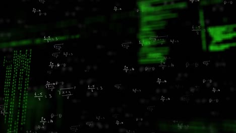 Animation-of-data-processing-and-mathematical-equations-floating-against-black-background