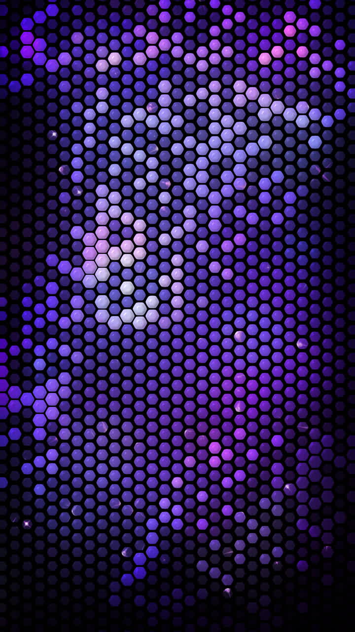 Honeycomb mosaic hexagons background. Simple hexagon grid with inner solid cells. Purple color tones. Loop animation. Vertical video.