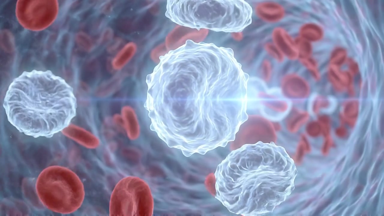 Globuli bianchi microscopici e cellule immunitarie che si muovono attraverso un vaso in prospettiva scientifica.