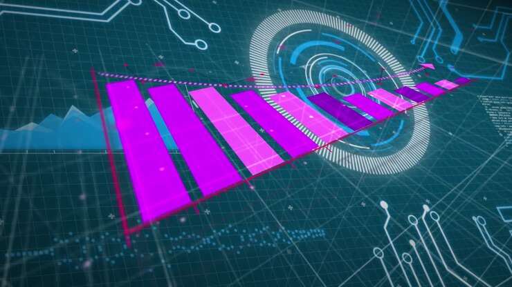 Animation of financial graph over data processing on blue background