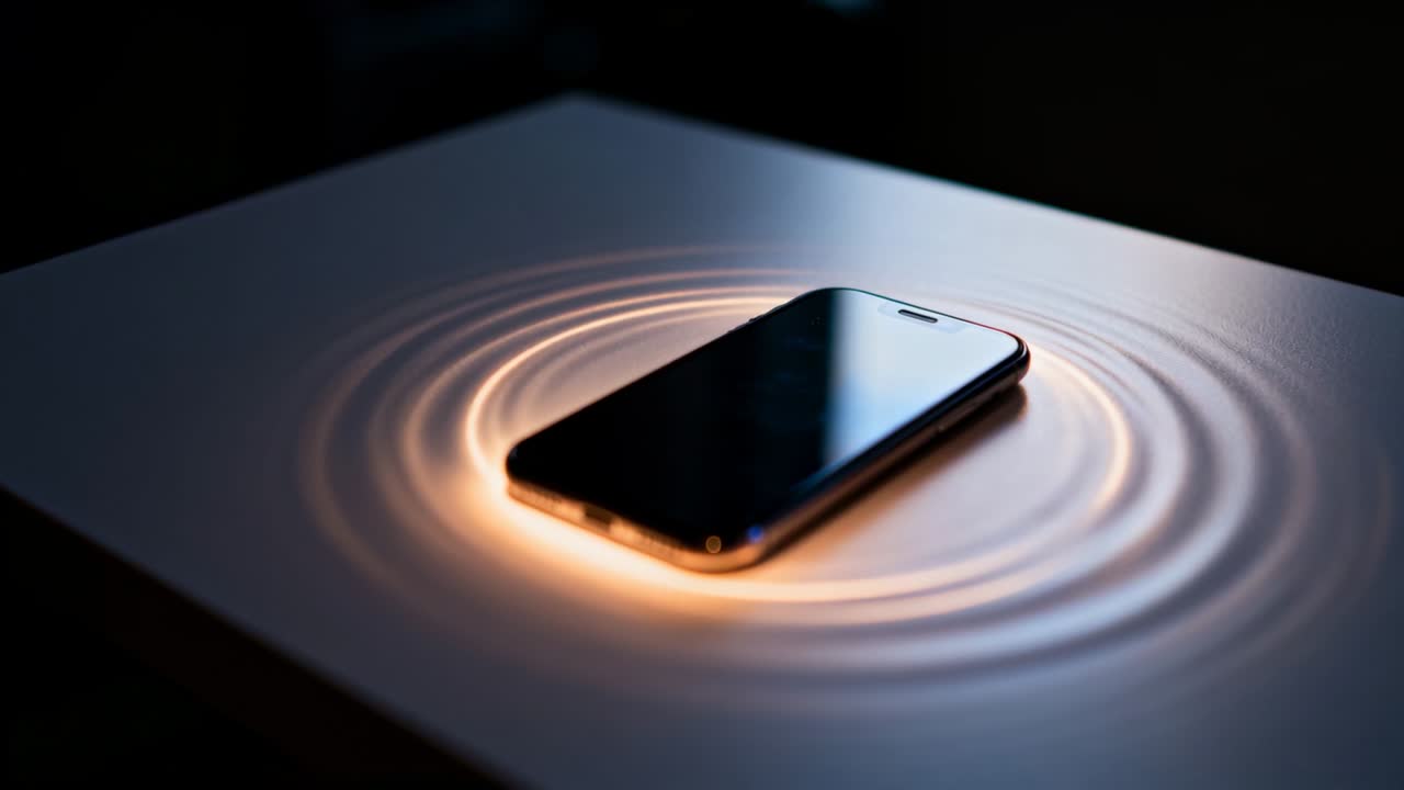 Telefono che emette un alone arancione caldo, provocando increspature che si espandono su un tavolo luminoso e mettendo in evidenza i bordi metallici.