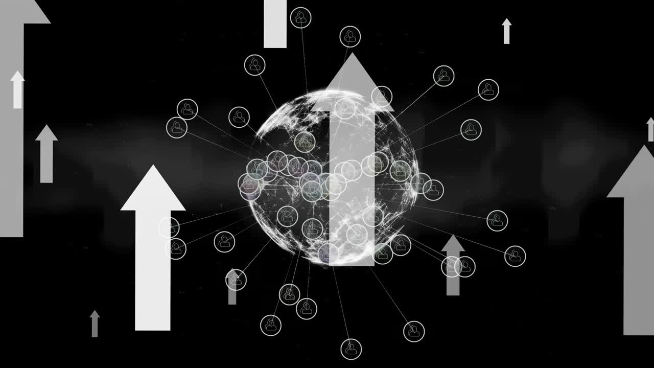 검은색 배경에 연결 네트워크와 화살표의 애니메이션