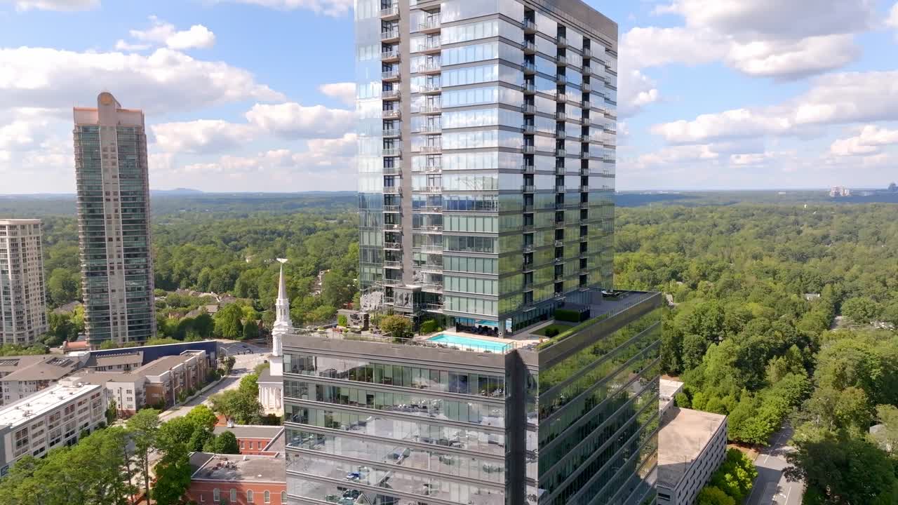 Peachtree Road Square condominiums residential complex skyline buildings, Drone shot