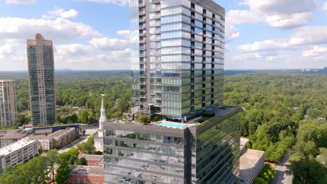 peachtree road square condominiums residential complex skyline buildings, drone shot