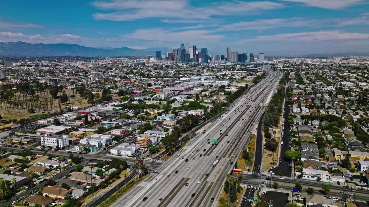 Los Angeles freeway, cars and trucks on road traffic on highway