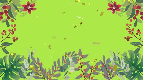 Animación-De-Confeti-Dorado-Cayendo-Sobre-El-Borde-De-Flores-Y-Follaje-Con-Fondo-Verde