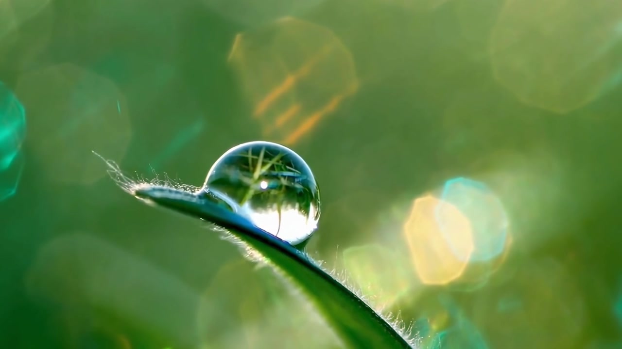 Tautropfen auf einem grünen Blatt mit Bokeh-Hintergrund