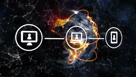 animation of network of connections with icons over globe