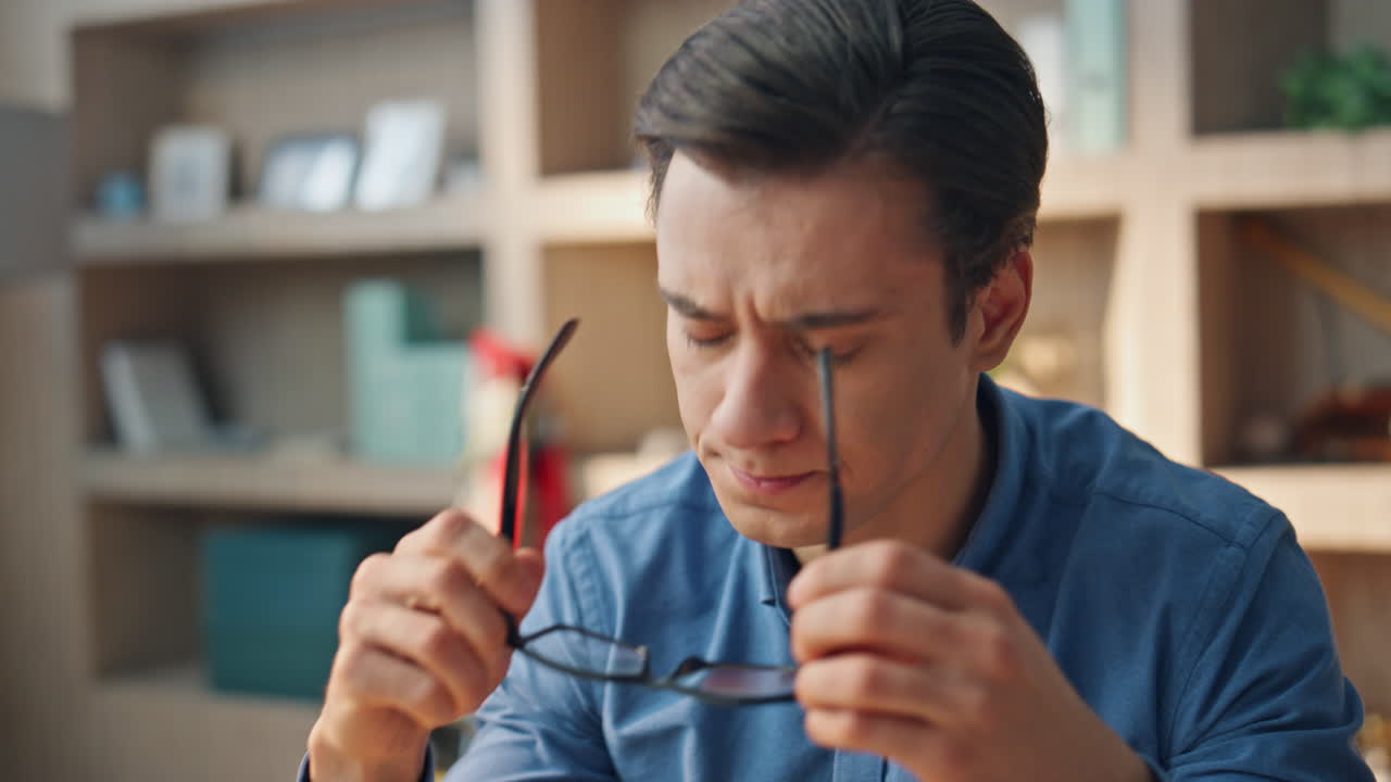 과도하게 일하는 프리랜서가 커피를 마시며 직장 근접 촬영. 안경을 착용하는 남자