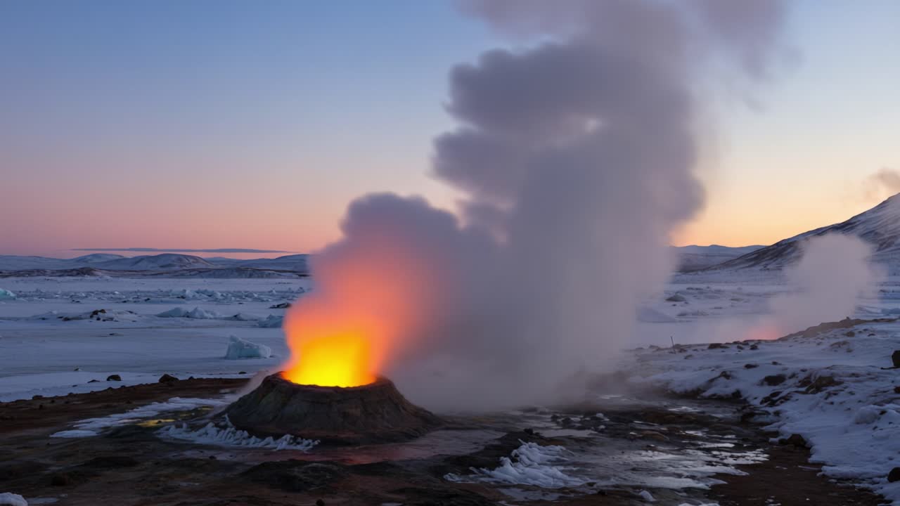 A Stunning Volcanic Eruption at Dusk: Witness the Colorful Geyser Erupting Steam and Lava Against a Scenic Winter Landscape