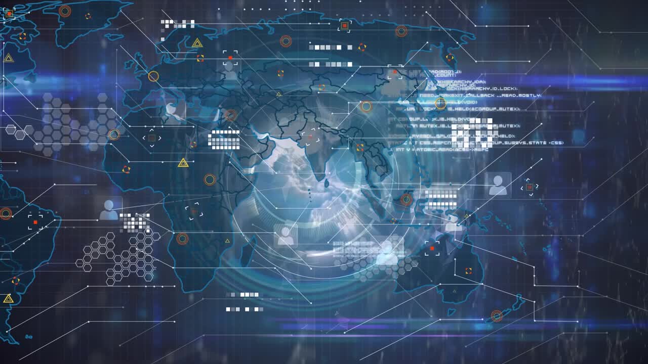 Animation of data processing and icons over world map and globe