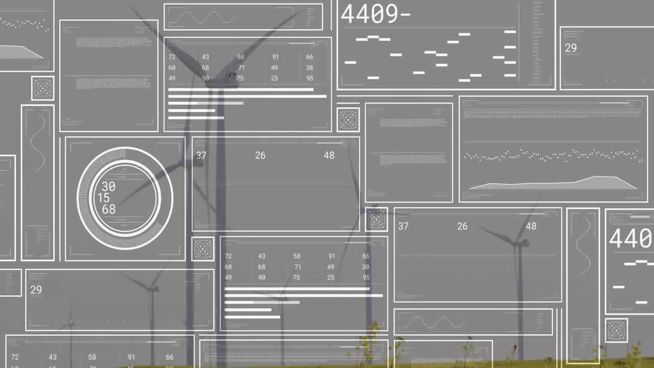 Translucent panel fading over canola triggers turbine blades spinning and gauge rising to show data
