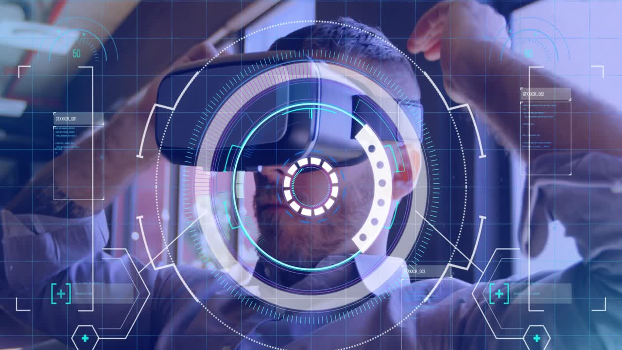 procesamiento de datos y escáner de alcance de neón contra hombre caucásico que usa auriculares vr en la oficina