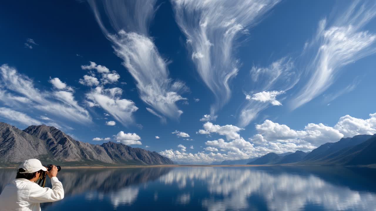 A Photographer Captures the Beautiful Reflection of Clouds and Mountains on a Serene Lake Under a Vast Blue Sky with Striking Wispy Clouds