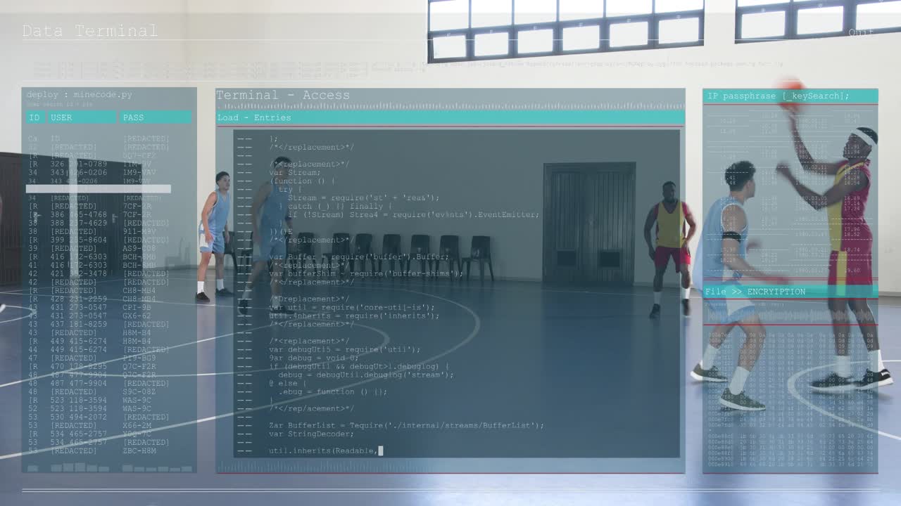 ベースラインでドリブルし、UIをパスする赤または黄色のバスケットボール選手。ディフェンスはスコを阻止しようと競います。