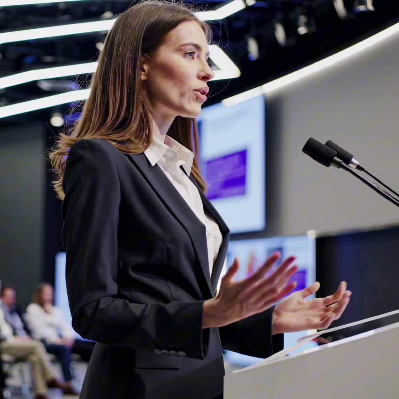 Side angle shot of a professional woman speaking at a conference podium, emphasizing leadership