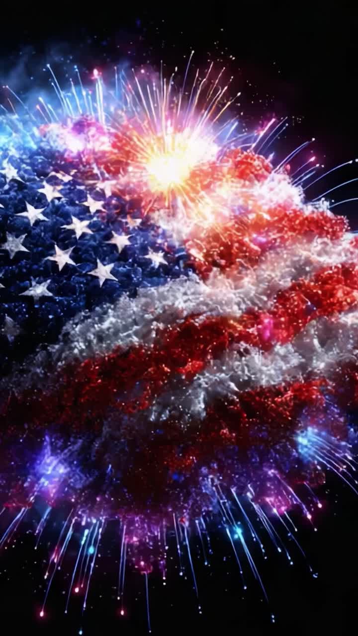 An Explosive Display of Colors: Fireworks Combining Vibrant Lights and the American Flag in a Stunning Spectacle of Patriotism and Celebration