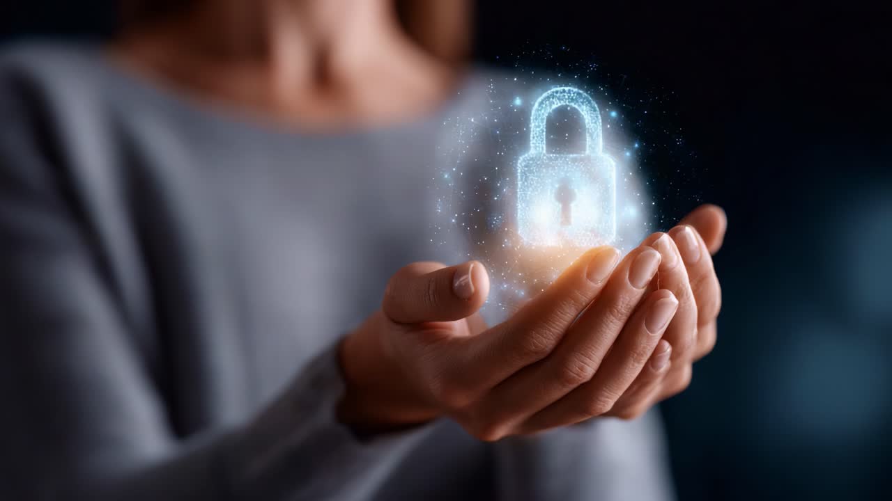 A person holds an illuminated, digital lock representation, symbolizing security, protection, and privacy in a modern, technological context within their hands