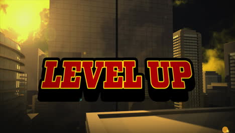 Animation of level up text over digital cityscape