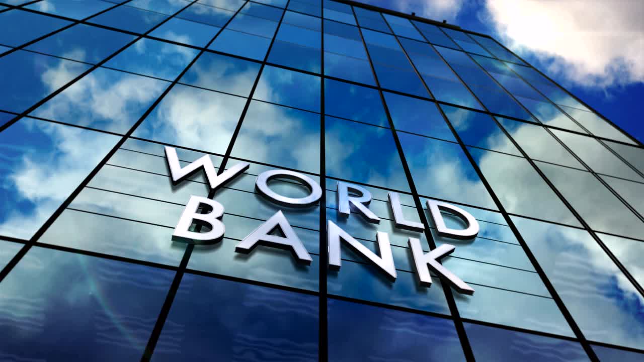 World Bank glass skyscraper with mirrored sky loop animation